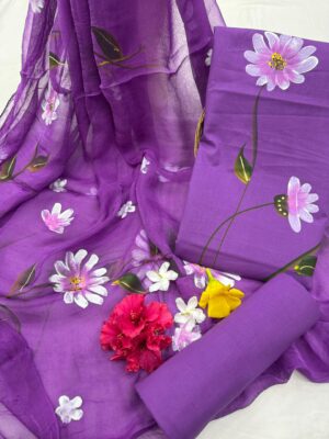 cotton handbrush painted unstitched suit sets with chiffon handprinted dupatta - Image 4