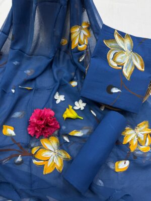 cotton handbrush painted unstitched suit sets with chiffon handprinted dupatta - Image 3