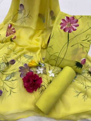 cotton handbrush painted unstitched suit sets with chiffon handprinted dupatta - Image 2