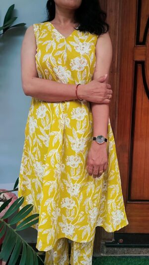 Sunshine Yellow Floral A-Line Kurti Set - Image 4