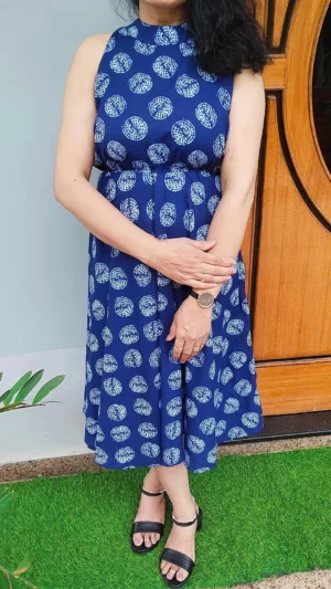 Indigo Blue Handblock Printed Cotton Midi Dress - Image 3