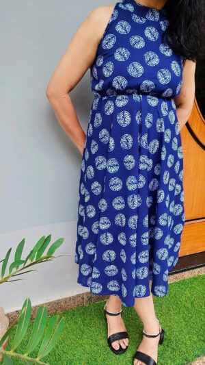 Indigo Blue Handblock Printed Cotton Midi Dress - Image 2