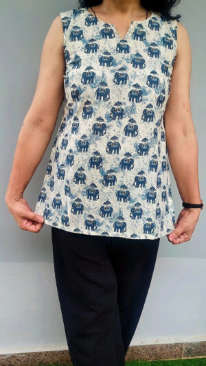 Elephant Print Sleeveless Cotton Top – Elegant & Ethnic - Image 2