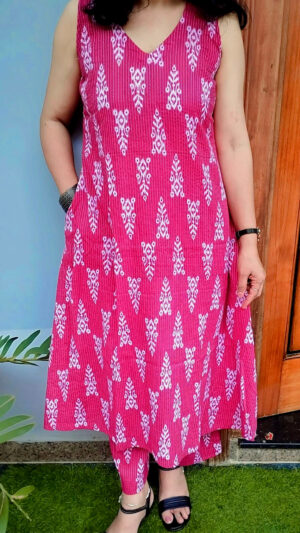 pink Ikat print cotton kurta set